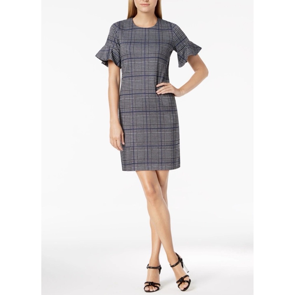 Calvin Klein Women's Gray Blue Plaid Houndstooth Shift Dress Flutter Sleeve Sz 2